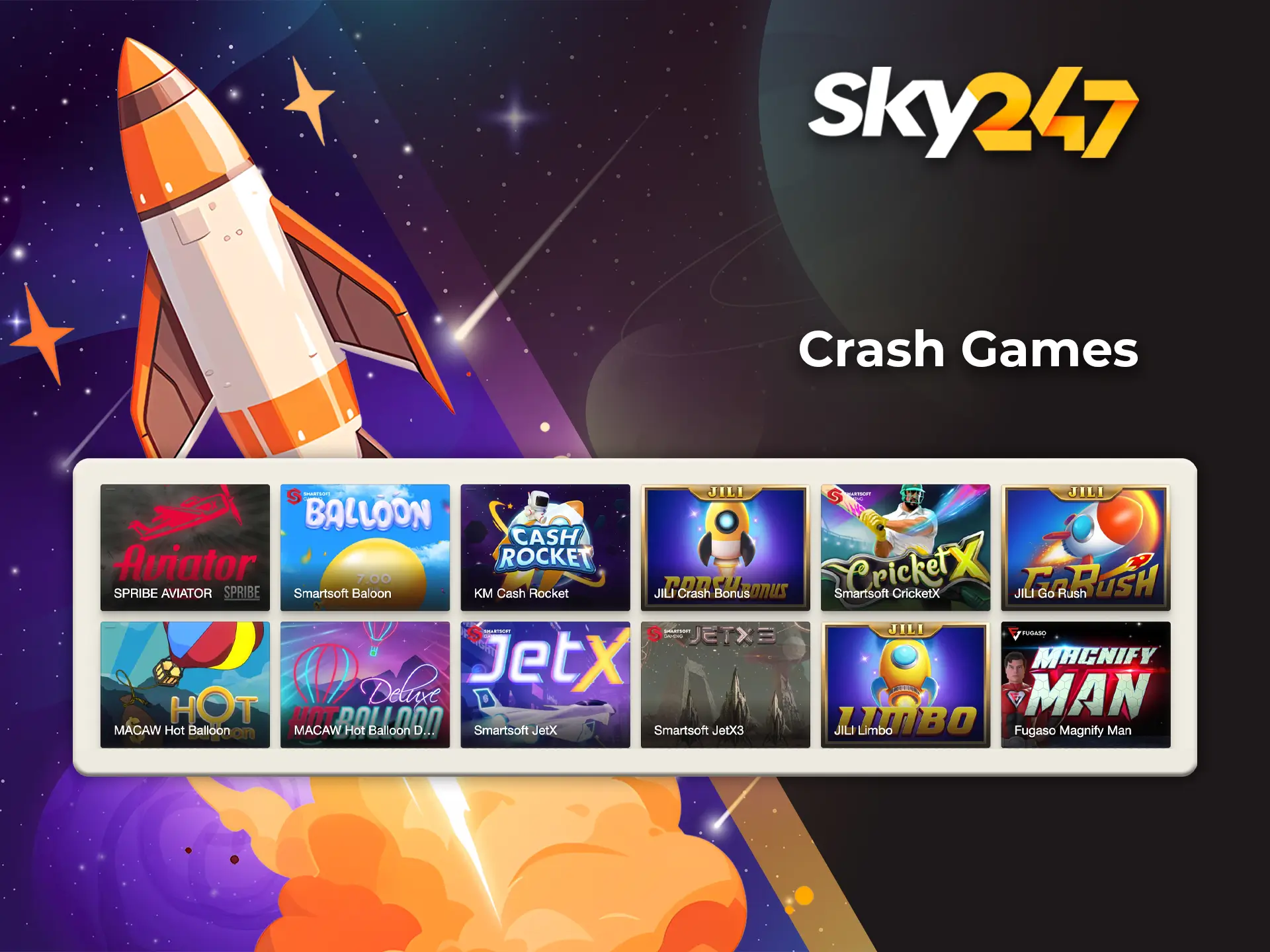 Predict the rocket crash in Sky247 crash games and win big cash.