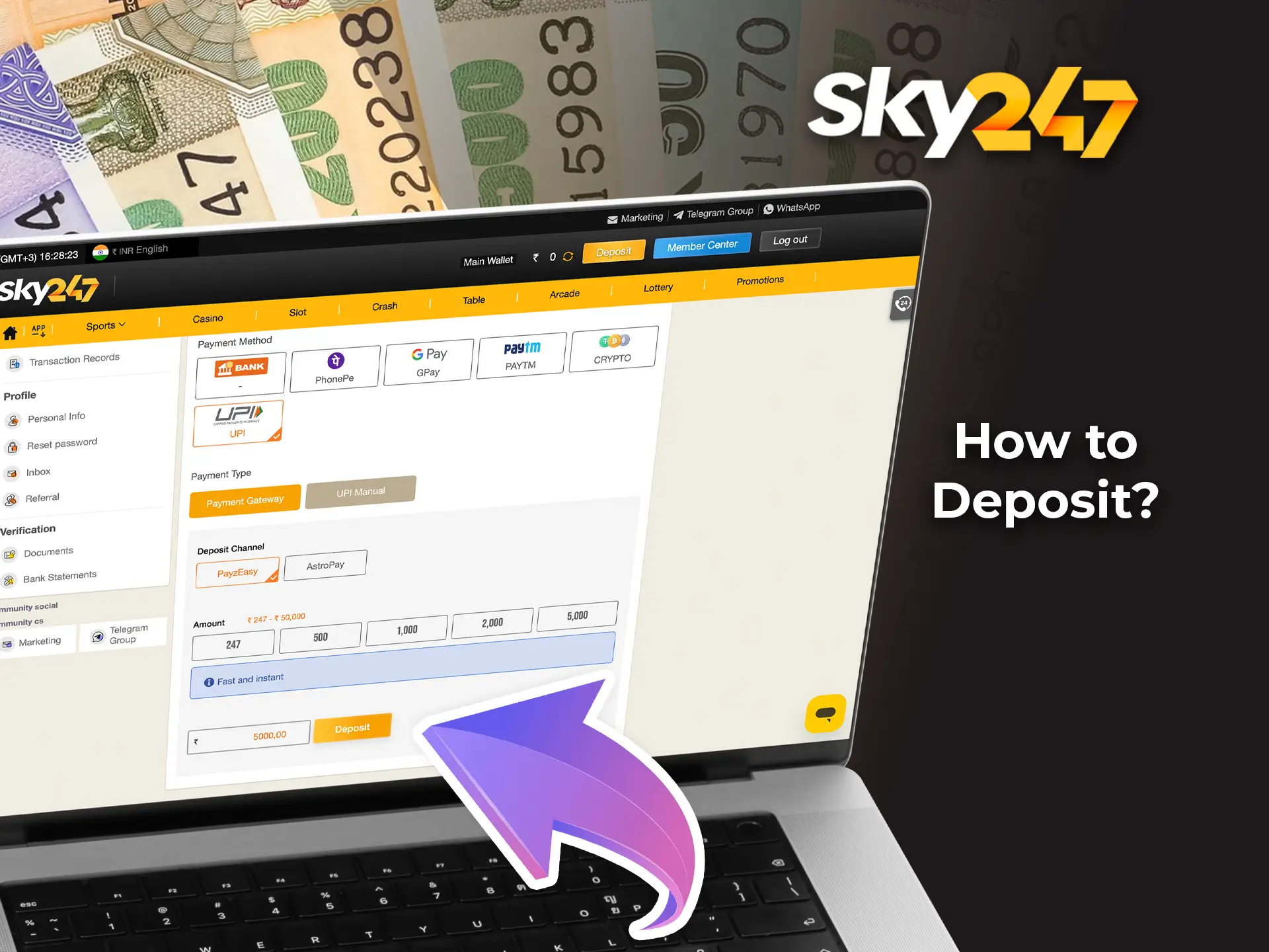 Use the most favourable methods of funding your account at Sky247 Casino.