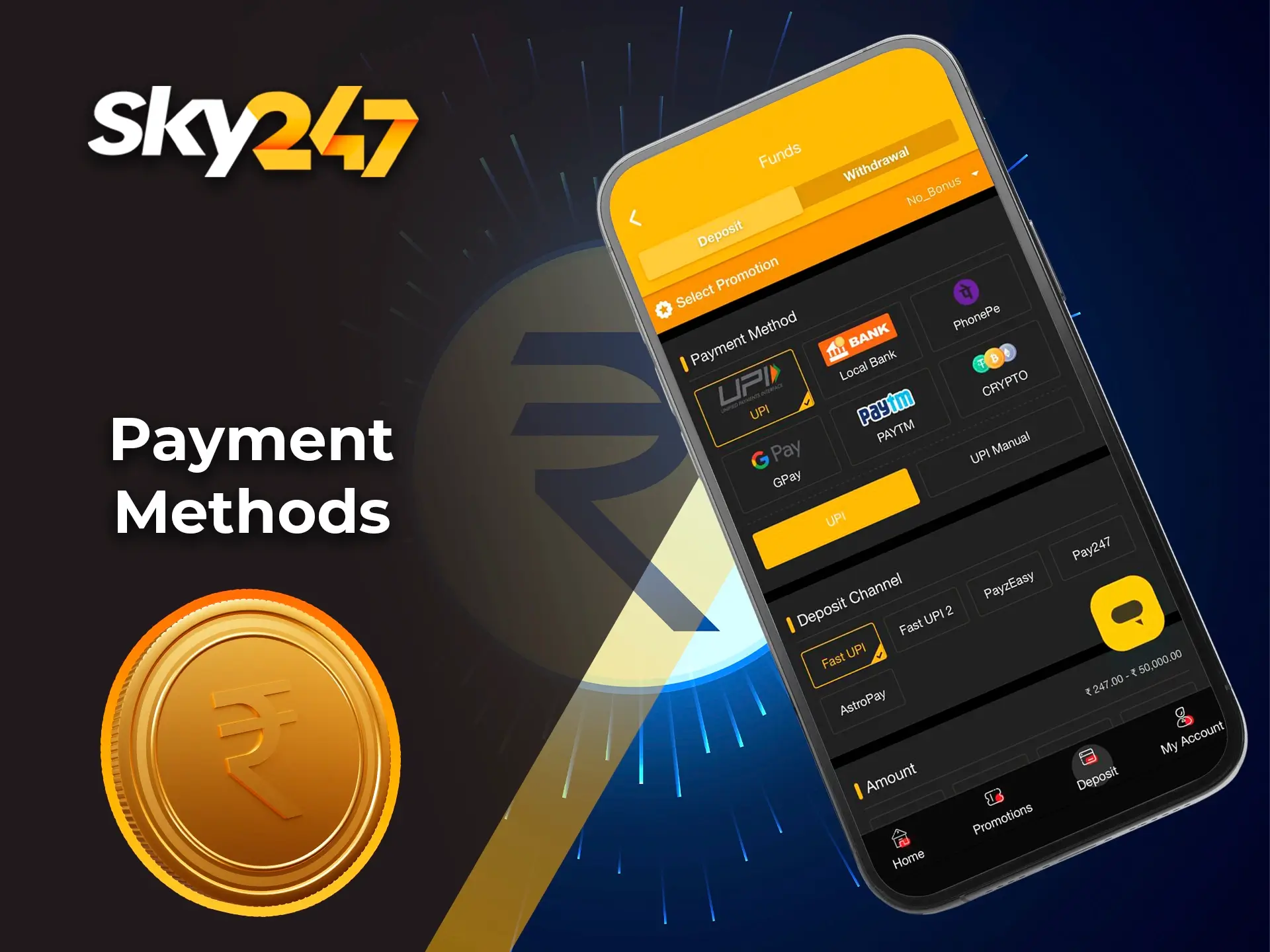 Use only favourable and convenient for you withdrawal and deposit methods at Sky247 Casino.