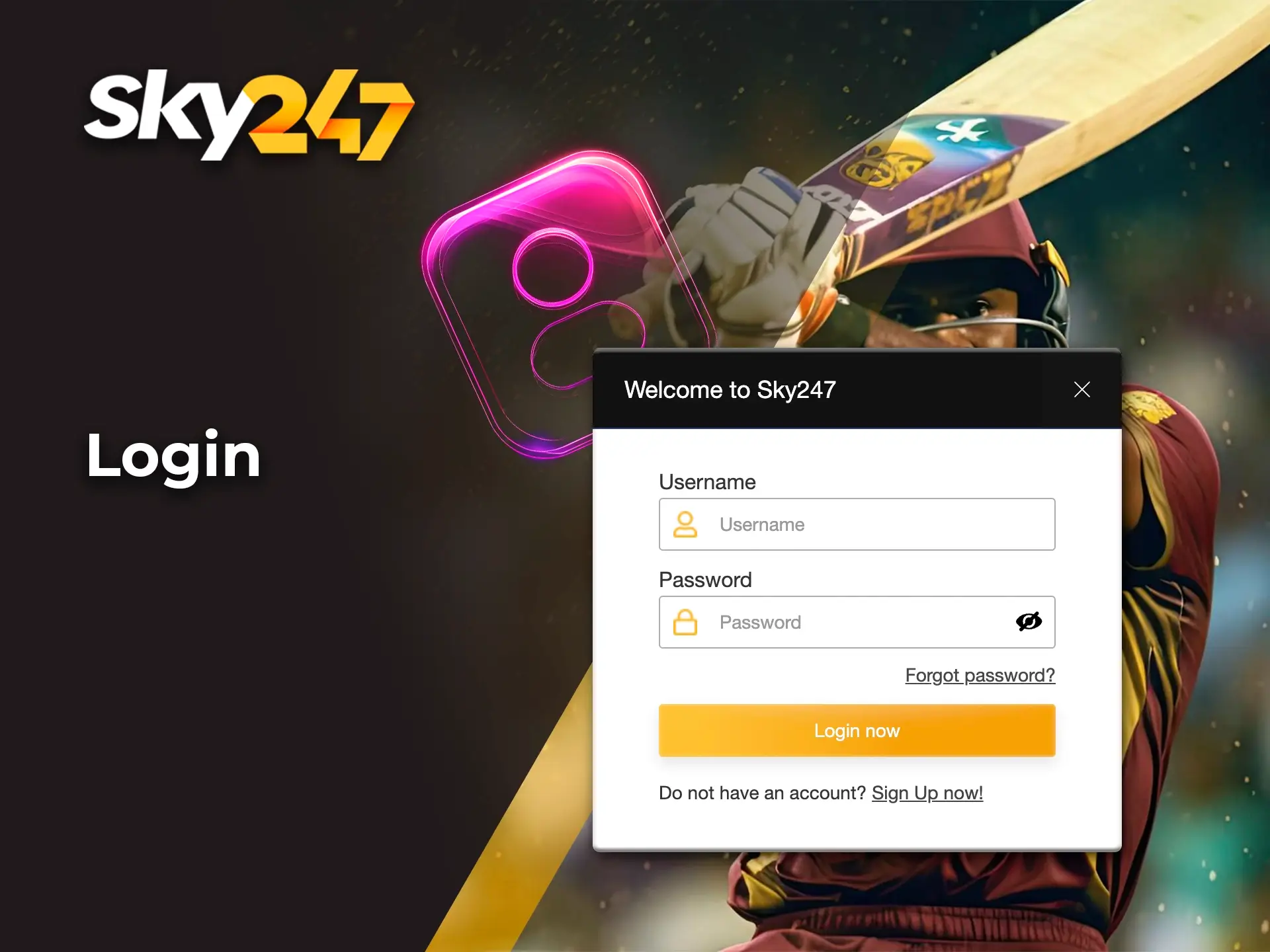 Log in to your personal Sky247 casino account to gain full access to betting and casino games.