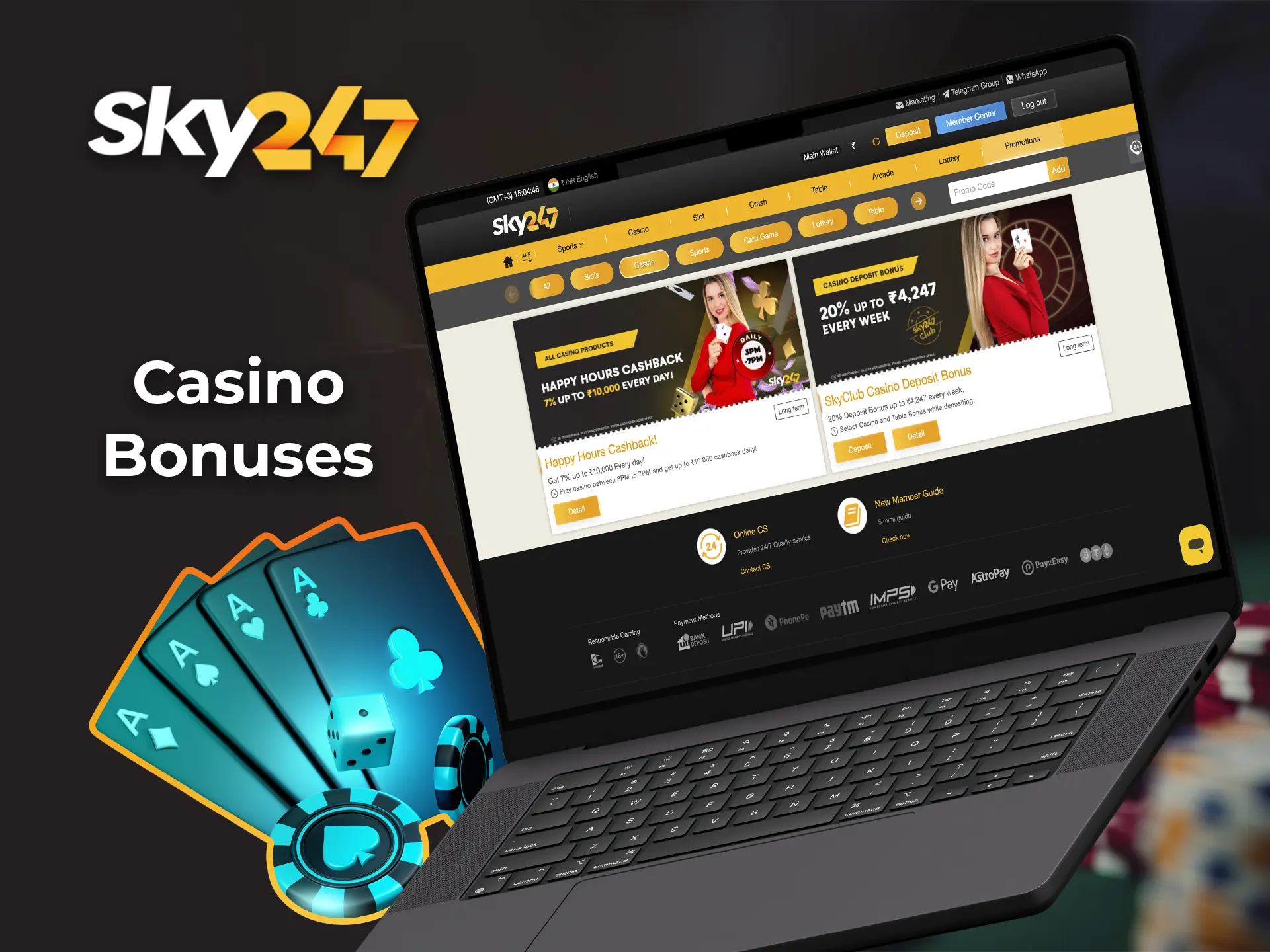 Take advantage of the bonus opportunity to increase your bets when playing with real dealers at Sky247 Casino.