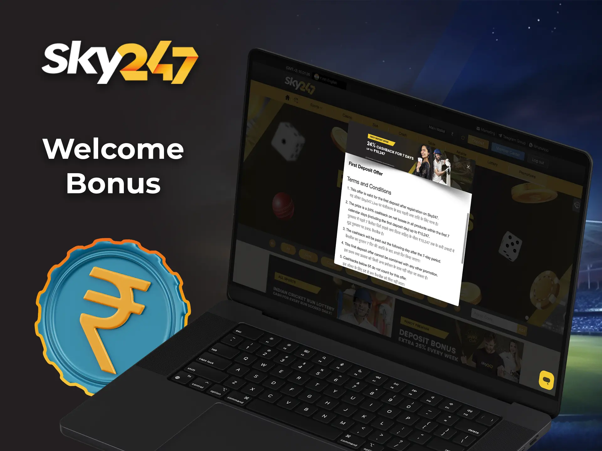 Claim your welcome bonus and make your bets big at Sky247 Casino.
