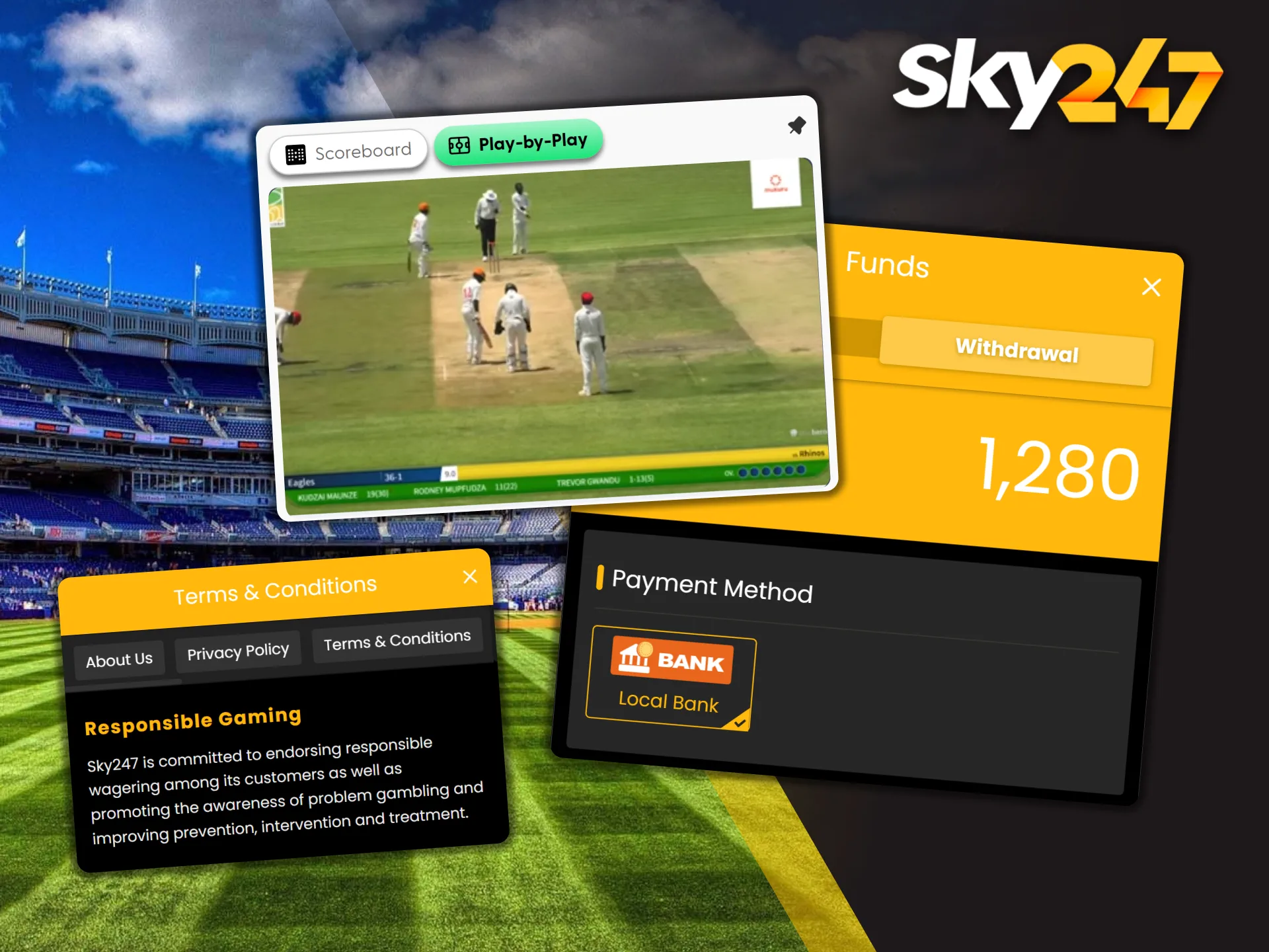 A match broadcast is accompanied by a terms and conditions section on Sky247.