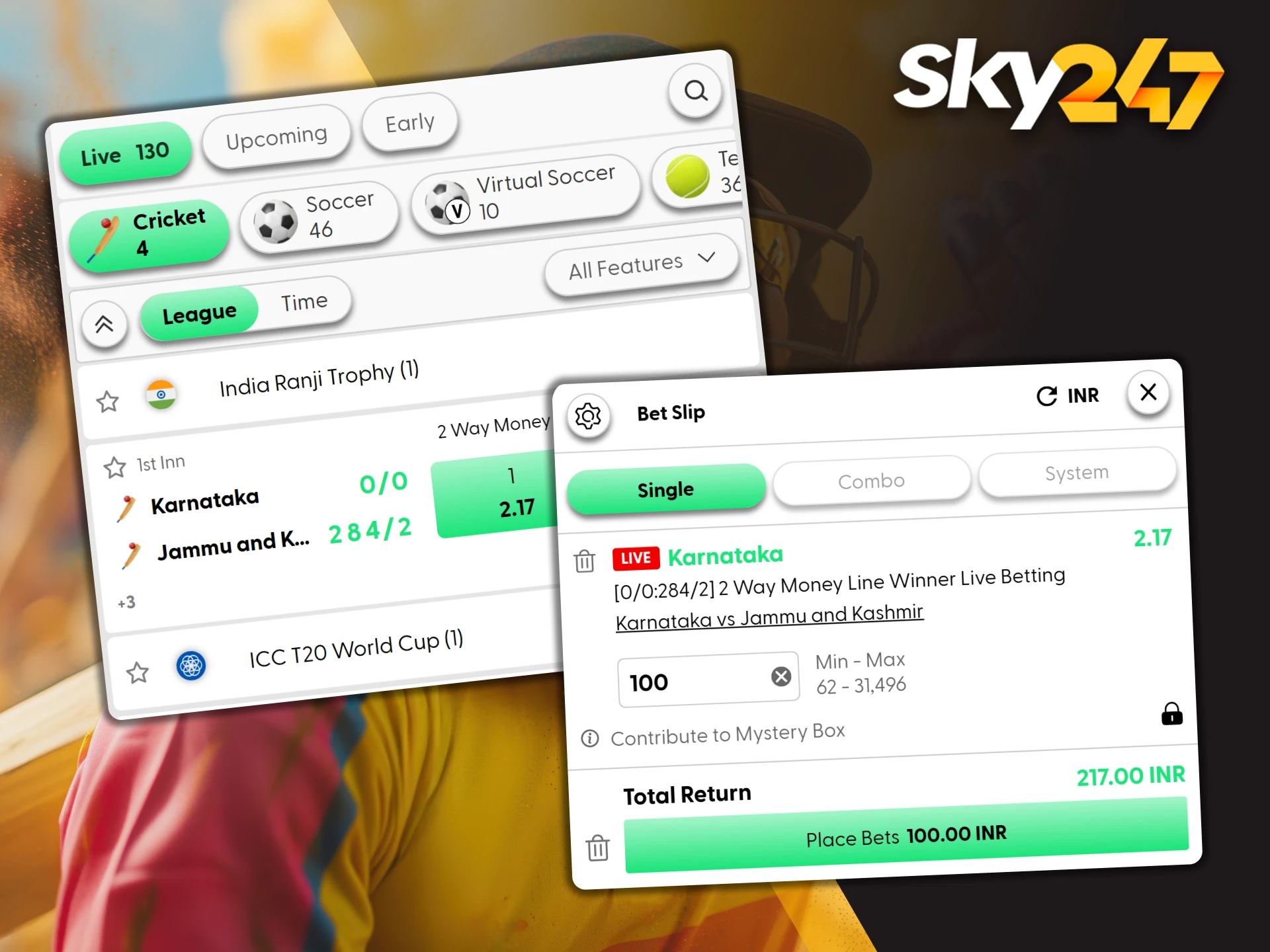 A betting slip processes a wager on a selected outcome on Sky247.