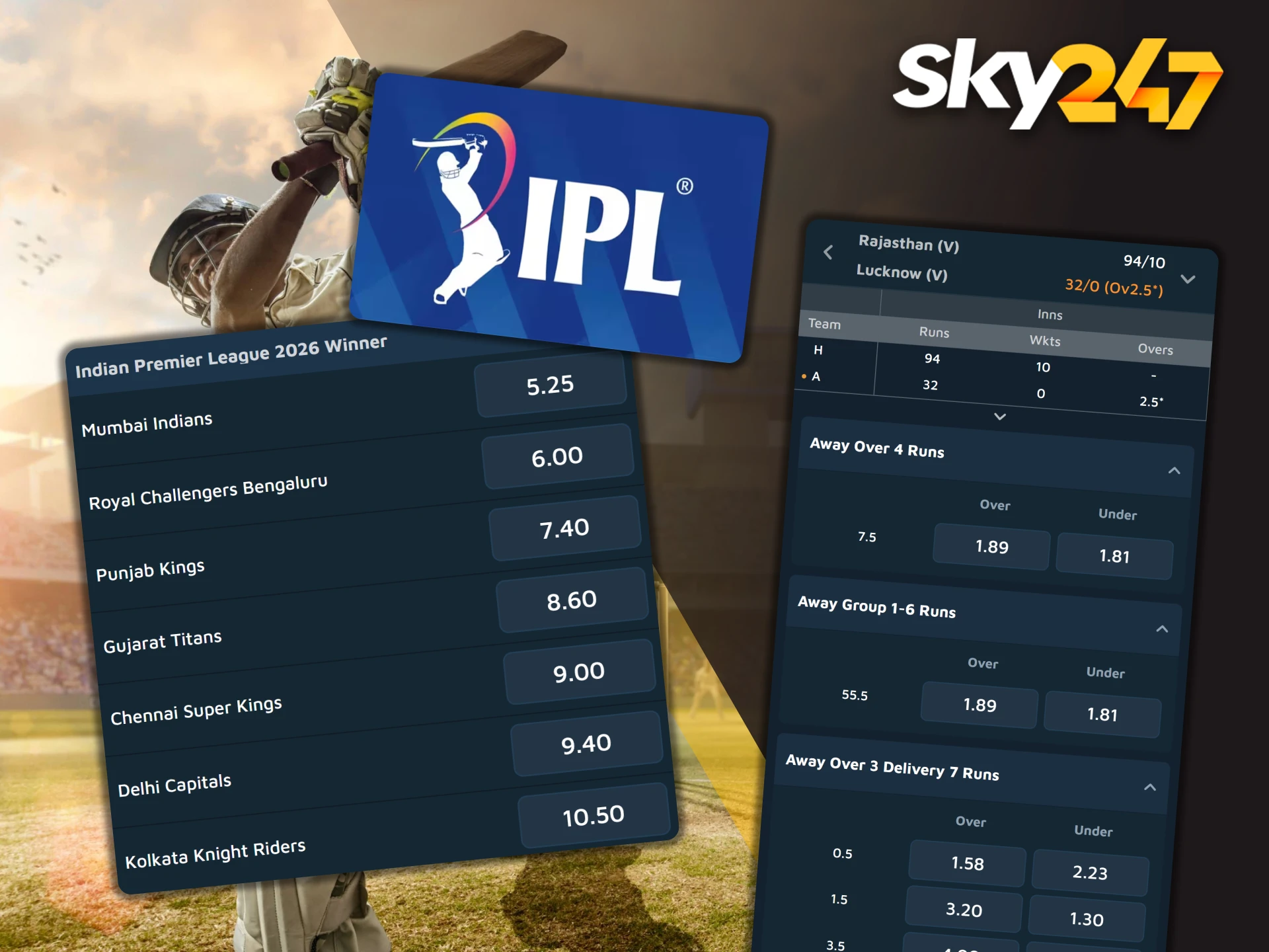 A list of coefficients shows team odds in the IPL league on Sky247.