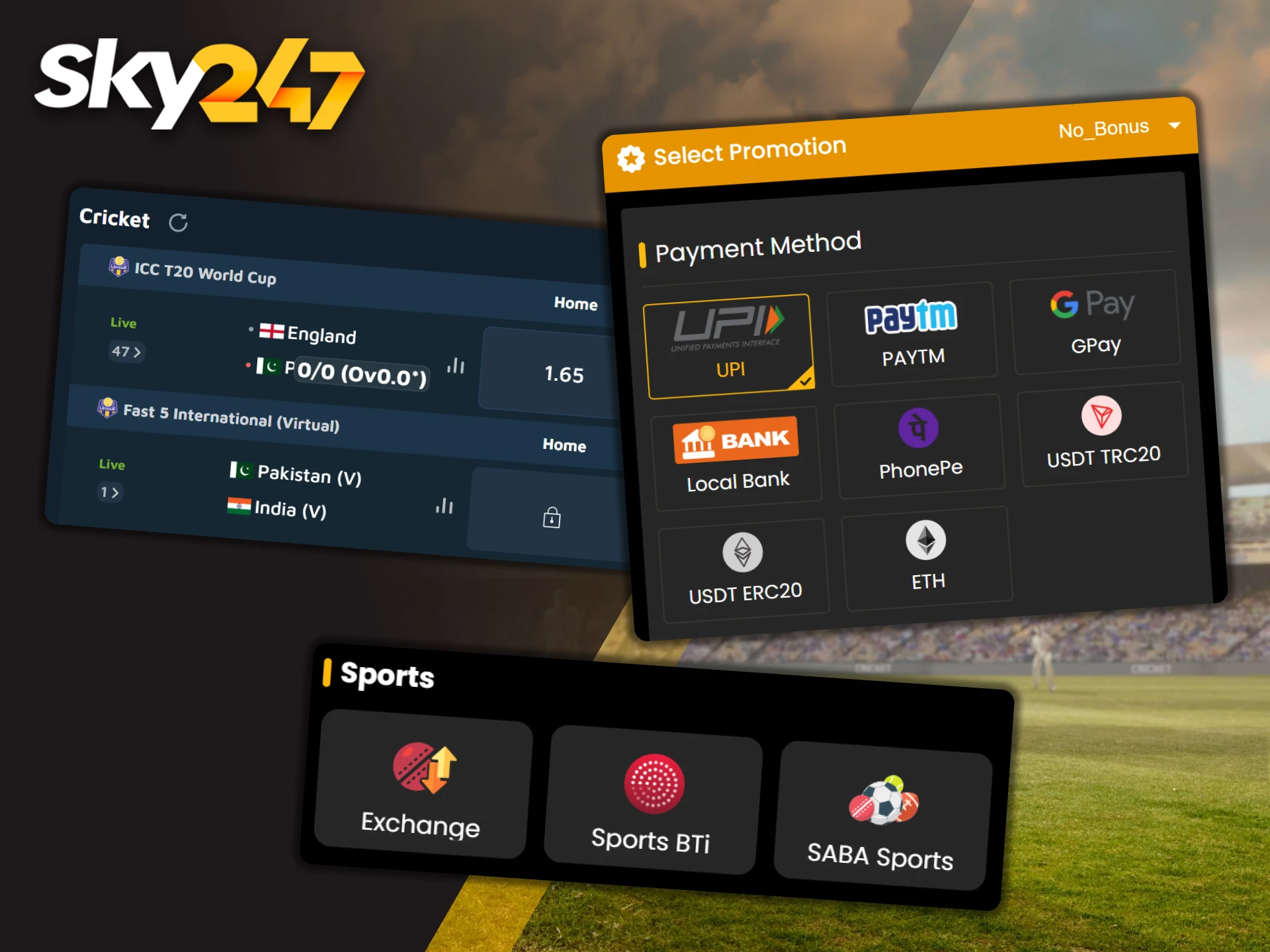 Advantage icons highlight the exchange and payment methods on Sky247.
