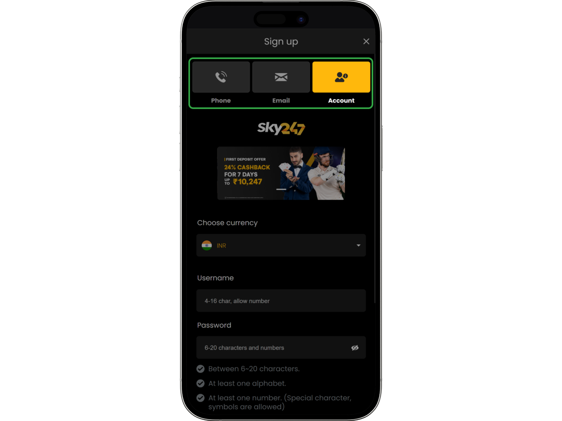 A registration method choice offers contact options with Sky247.