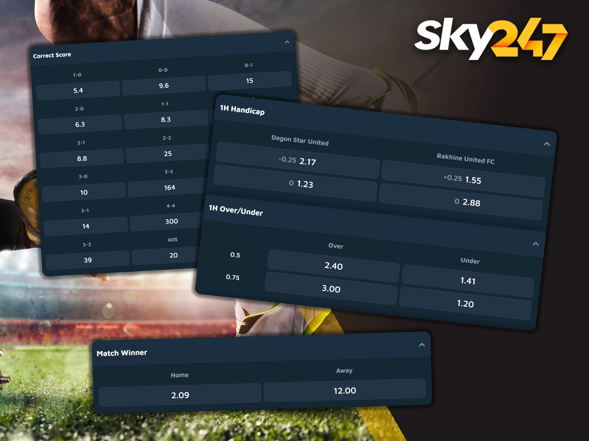 Outcome tables show soccer betting options at Sky247.