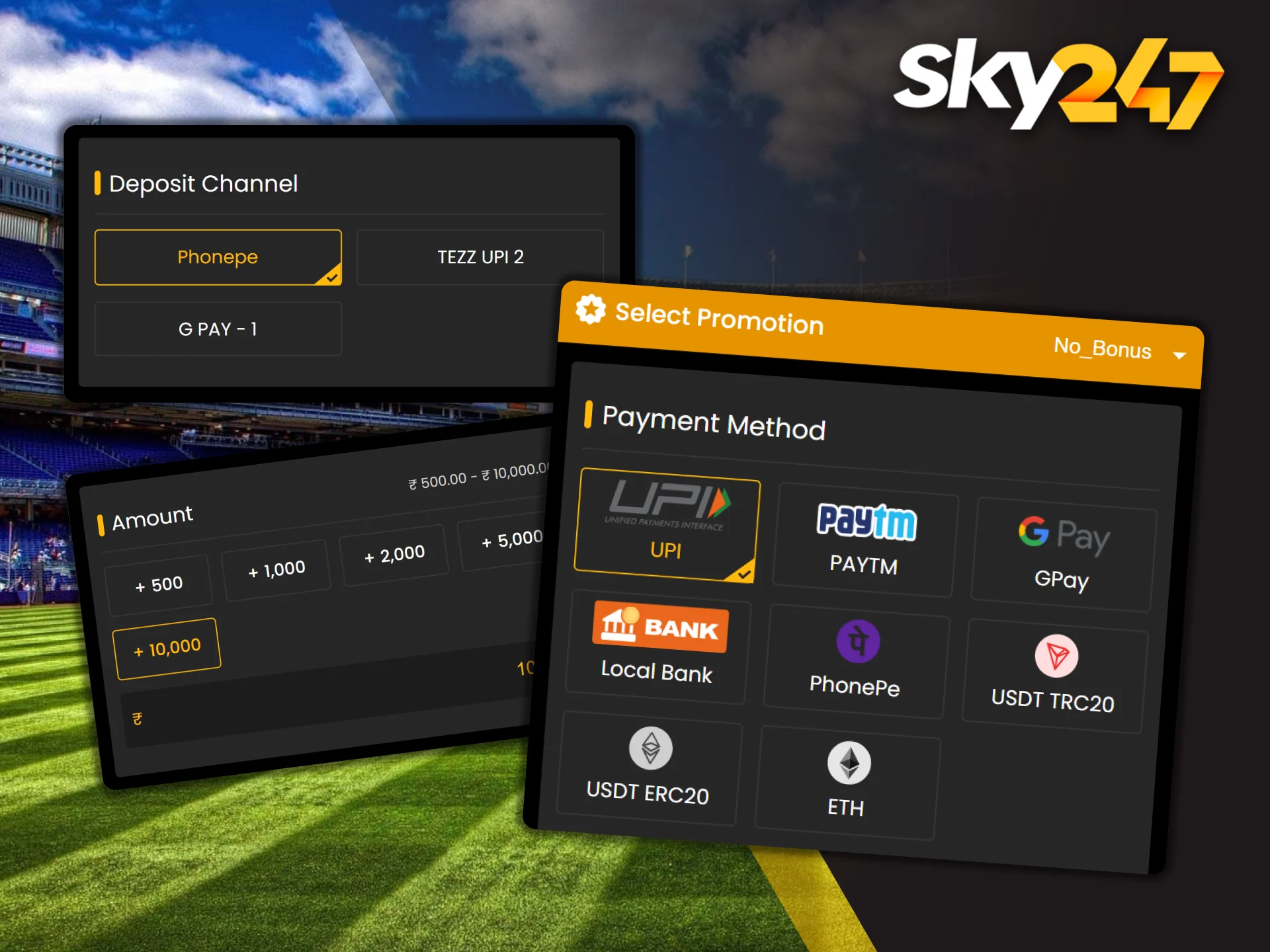 Wallet icons offer balance top-up methods at Sky247.