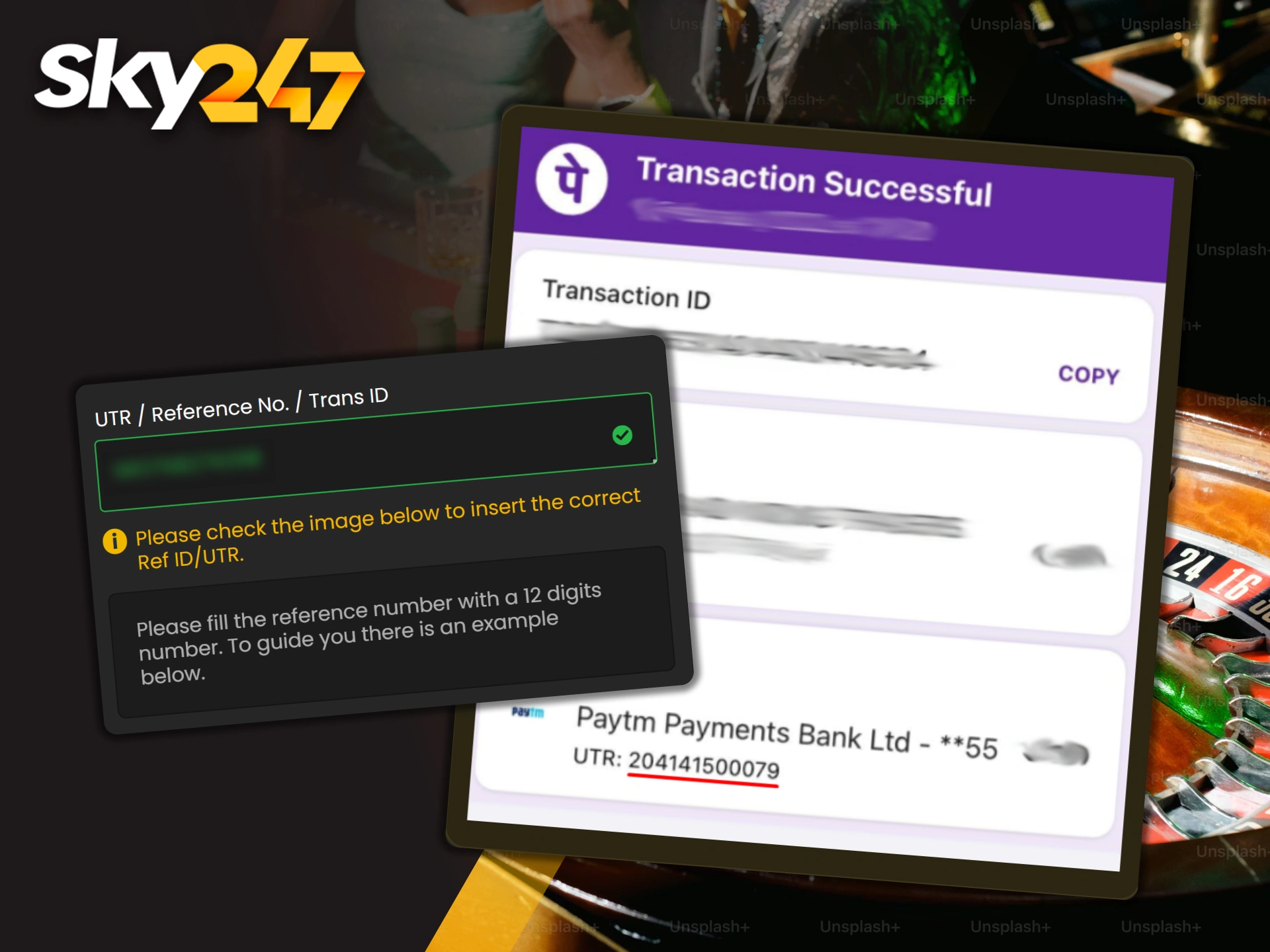 A receipt screenshot confirms a successful transaction at Sky247.
