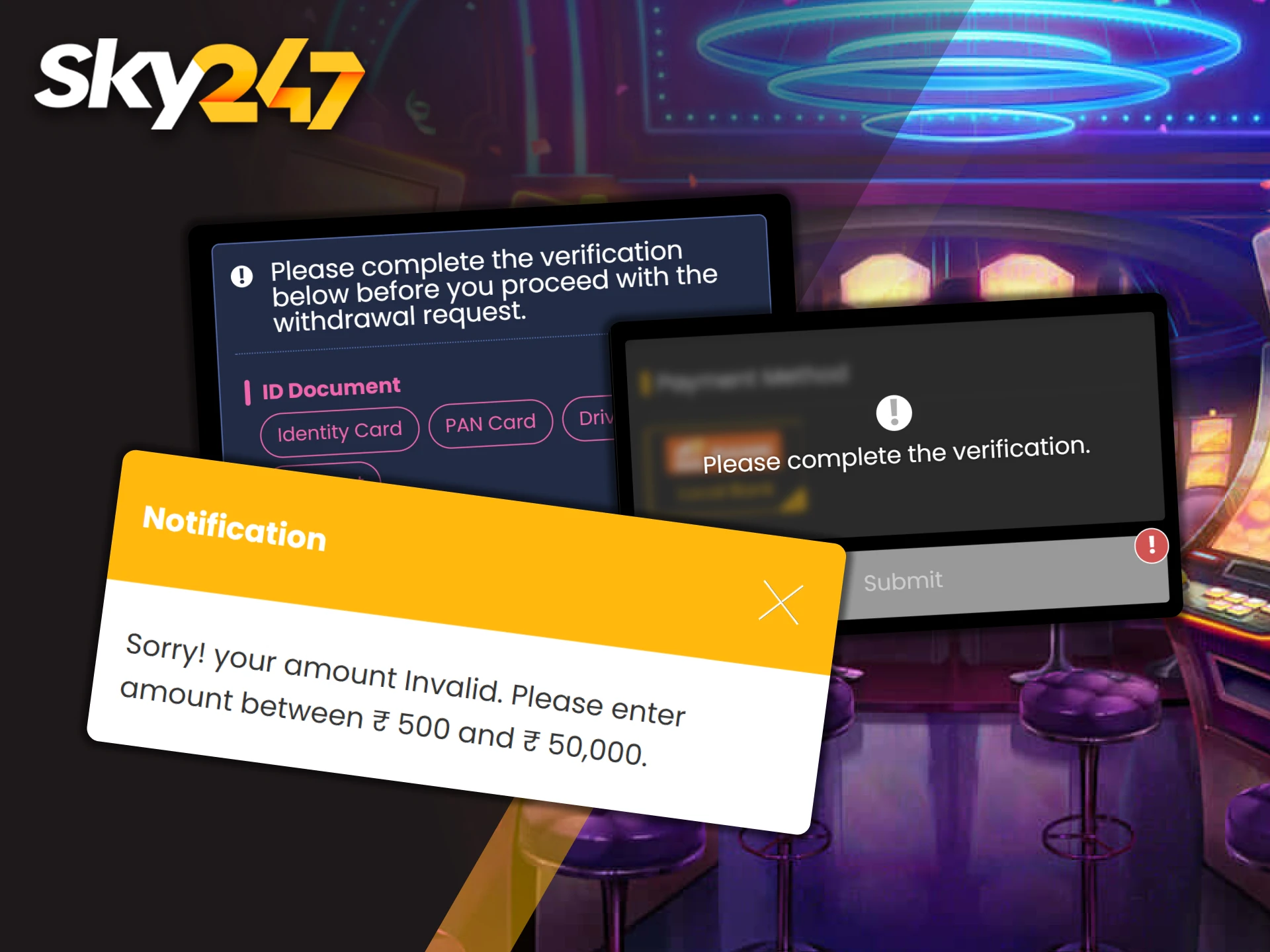 A notification window reports a deposit amount error at Sky247.
