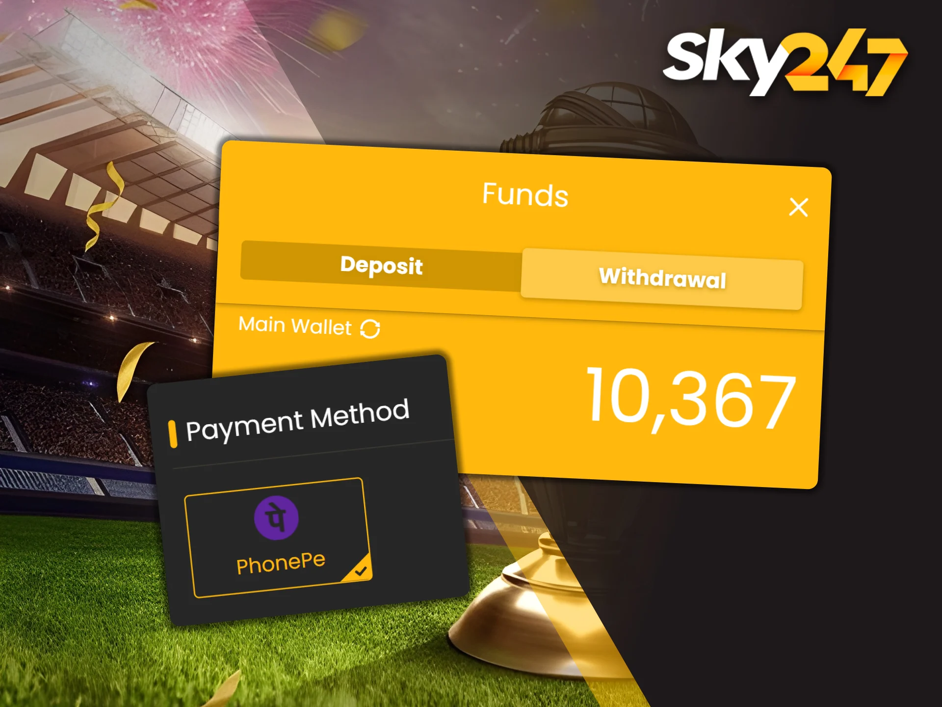 A payout section allows fund withdrawals from the Sky247 wallet.
